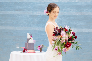 Bride with Garnet and Purple Bouquet