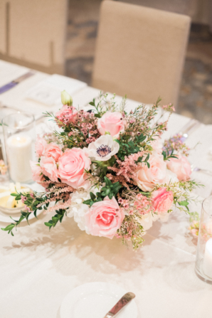 Centerpiece of Pink and White Roses and Anemones