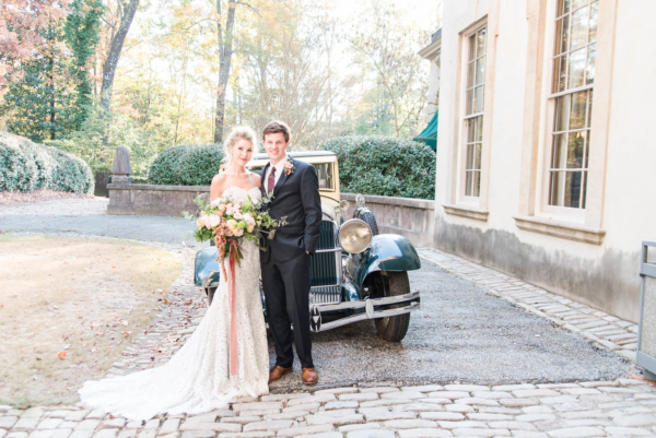 Bride and Groom with Vintage Car