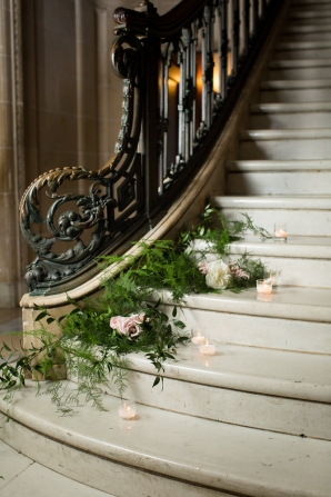 Flowers on Mansion Stairs for Wedding