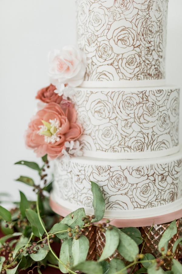 Wedding Cake with Gold Painted Flowers