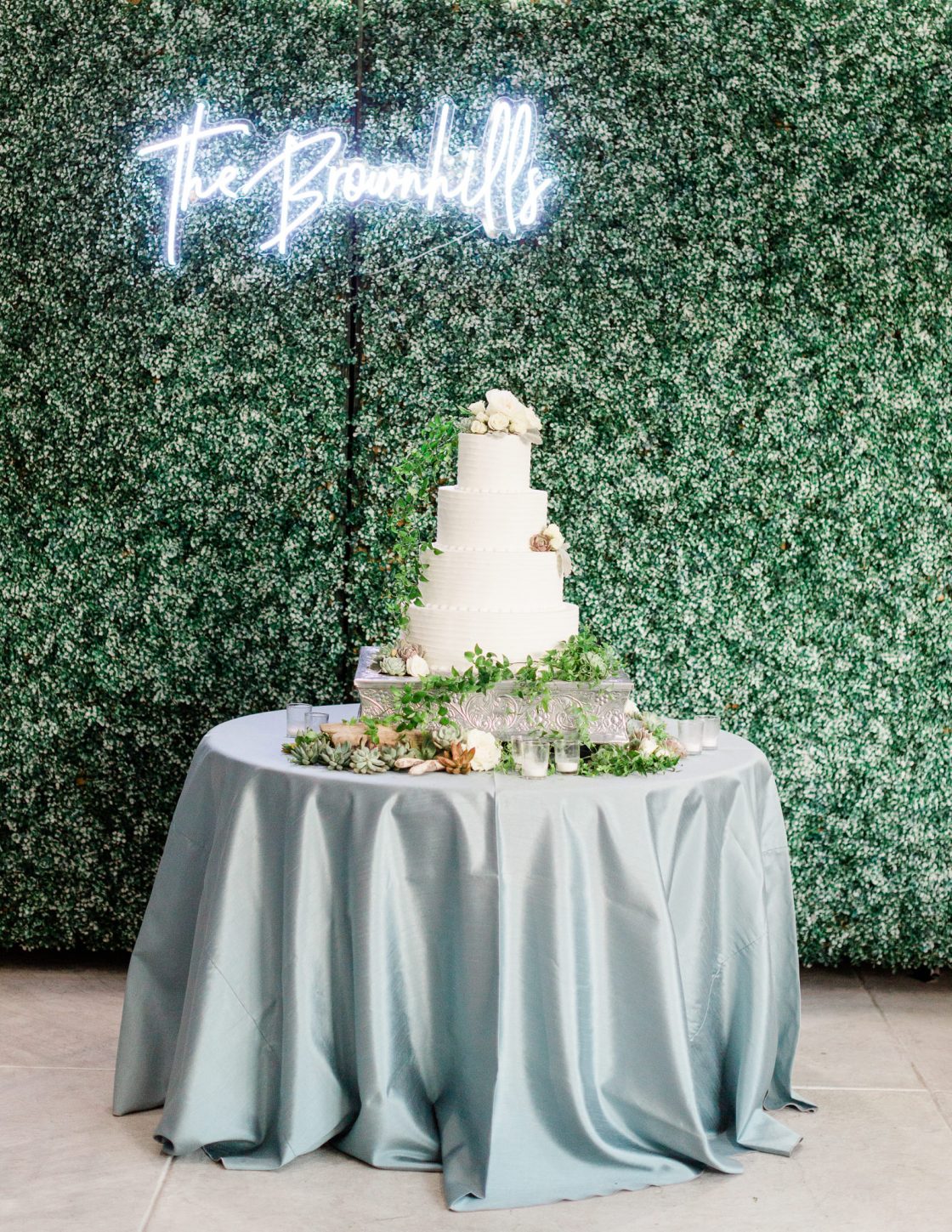 White Cake Table with Custom Neon