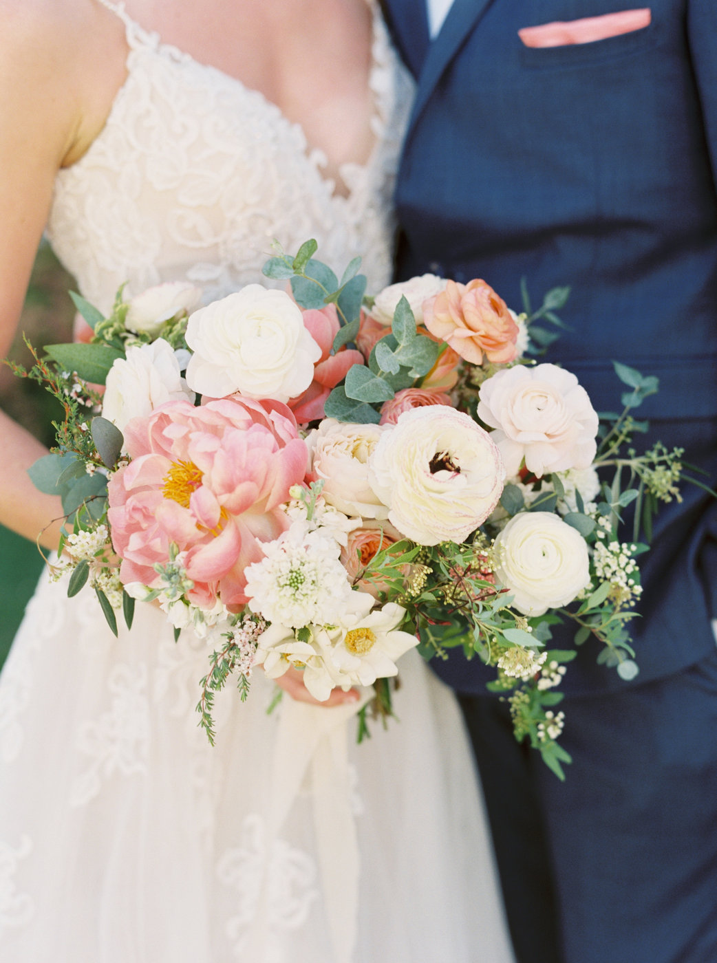 Blush Coral Ivory Wedding Bouquet with Peonies and Ranunculus